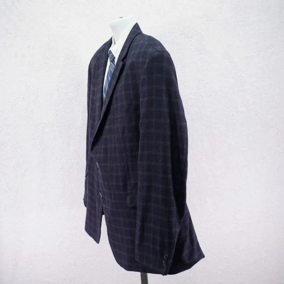 Tommy Hilfiger Soft Flannel Worsted‎ Wool Sport Coat 48R Blue Windowpane Tag 50L